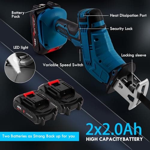 Reciprocating Saw Cordless, Variable Speed 3000 RPM Brushless Motor with 8 Saw Blades, 2 x 2.0Ah Batteries, LED Light, Tool‑Free Blade Change, Portable for Wood PVC Cutting