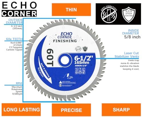 6-1/2 Inch Ultra Finish Circular Saw Blade 60T, Non-Stick Coating, for Wet Lumber, Composite Decking, Plywood, Plastic, Veneer, Laminate