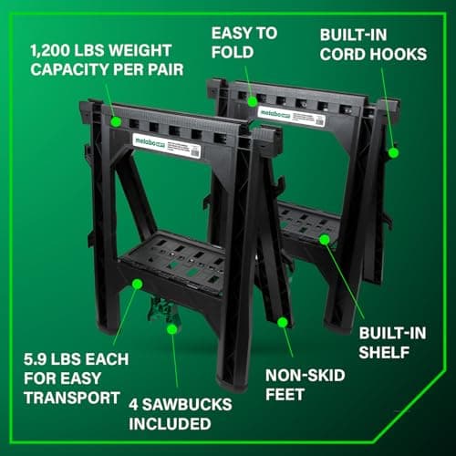 Metabo HPT Folding Sawhorses, 2-Pack, Lightweight Design, 1,200 lbs Capacity, Includes 4 Sawbucks, Ideal for Extra Workstations, Non-Skid Feet for Stability, Built-In Shelf and Cord Hooks, 115445M