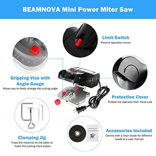 BEAMNOVA Mini Miter Saw Electric Power Table Benchtop Cut-Off Chop Max 45 Degree Cutting for Crafts Miniatures Metal Wood Plastic Compound Cutter
