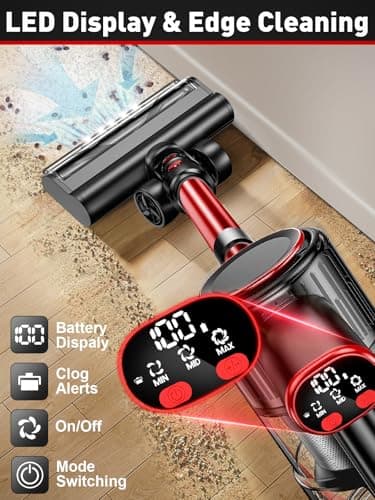 Cordless Vacuum Cleaner, 8-in-1 Vacuum Cleaners for Home, 45Mins Runtime, Anti-Tangle Stick Vacuum with LED Display, Rechargeable Lightweight Vacuum for Pet Hair/Carpet/Floor (Red)