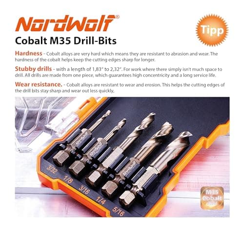 NordWolf 5-Piece M35 Cobalt Stubby Drill Bit Set for Stainless Steel & Hard Metals, with 1/4" Hex Shank for Quick Chucks & Impact Drivers, SAE Sizes 3/32"-1/8"-3/16"-1/4"-5/16" in Storage Case