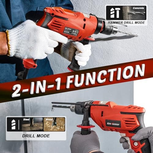Enventor 7.5 Amp Hammer Drill, 1/2 Inch Electric Drill Hammer, 900W 0-3000RPM Variable Speed, 360° Auxiliary Handle, Lightweight Corded Hammer & Drill 2 in 1 Functions with 9pcs Bit for Metal, Wood