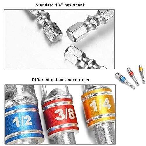 Impact Grade Socket Adapter/Extension Set Turns Power Drill Into High Speed Nut Driver,1/4-Inch Hex Shank to Drive for Adapters to Use with Drill Chucks, Sizes 1/4" 3/8" 1/2", Cr-V, 3-Piece
