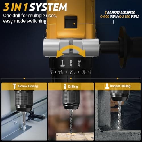 21V Cordless Hammer Drill - 1060In·lbs Brushless Drill Set with 2 x 4.0Ah Battery - 20+3 Torque Battery Drills 2150RPM Power Drills 1/2" Chuck Electric Drill for Drilling Wood Bricks Metal