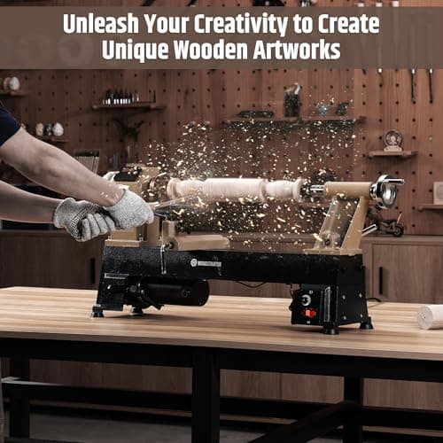 12" x 18" Wood Turning Lathe, 1 HP Benchtop Woodworking Lathe with Variable Speed 650-3800 RPM, Dual-Function Design with Extension Ports for Belt Sander or Grinding Wheel or Rotary Kit