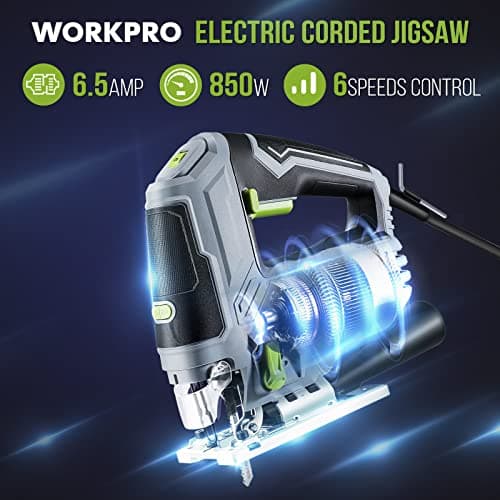 WORKPRO Jigsaw, 6.5AMP 850W Corded Electric Jig Saw Tool Kit with 6 Variable Speeds, 7 Blades, ±45° Bevel Cutting, LED Light, 3000 SPM, 4 Orbital Settings, Edge Guide, Tool-free Blade Changing