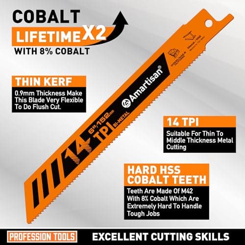 AMARTISAN 5-Piece 6 Inch 14TPI Heavy Metal Cutting Reciprocating Saw Blades,Suitable for Metal Cutting, Pipes, and Steel Bars