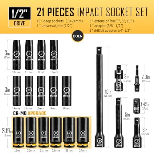 BOEN Pro 1/2" Drive Metric Deep Impact Socket Set, 21-Piece CR-MO &CR-V Steel, Upgraded Torque & Durability, 10mm-24mm, Includes Extension Bars, Universal Joint, Adapter – Meets ANSI
