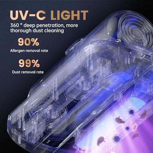Mattress Vacuum Cleaner, Wireless Handheld Bed Vacuum Cleaner with UV-C Light, HEPA Filter and Ultrasonic Vibration, 12KPa, Suitable for Beds, Sofas, Car Seats, Carpets (Golden)