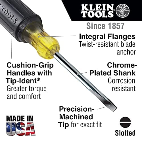 Klein Tools 601-10 Flat Head Screwdriver, Made in USA, 3/16-Inch Cabinet Tip with 10-Inch Round Shank