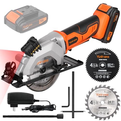 Mini Circular Saw, 20V 3400RPM Professional Cordless Circular Saw, Adjustable Angle and Depth,Max Cutting Depth 1-2/3"(90°), 1-1/8"(45°), Laser Guide, Rip Guide