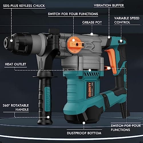 1-1/4 Inch SDS-Plus 13 Amp Heavy Duty Rotary Hammer Drill with Safety Clutch 4 Functions and Variable Speed, Including Chisels and Drill Bits