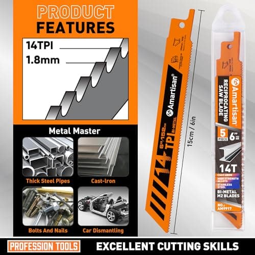 AMARTISAN 5-Piece 6 Inch 14TPI Heavy Metal Cutting Reciprocating Saw Blades,Suitable for Metal Cutting, Pipes, and Steel Bars