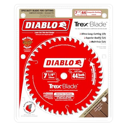 Diablo TrexBlade Saw Blade for Composites and Plastic - 7-1/4" Diameter, 44 MTCG Teeth, 5/8" Arbor, .065" Kerf, -3° Hook Angle, .040" Plate, 10000 Max RPM - D0744CD