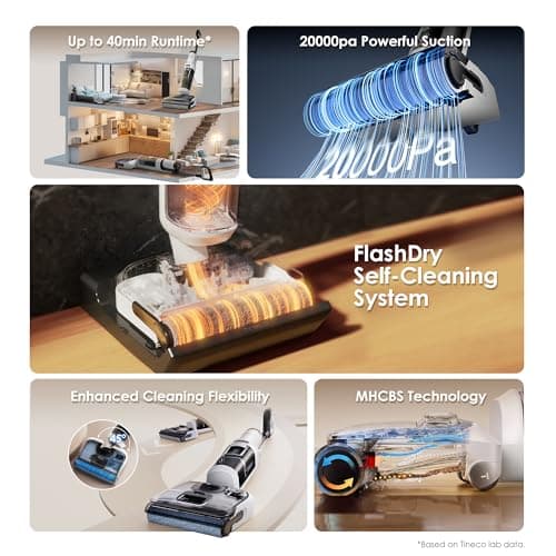 Tineco Floor ONE Stretch S6 Cordless Wet Dry Vacuum Cleaner, 180°Lay-Flat Smart Vacuum Mop, 40 Minutes Long Runtime 158℉ Flashdry Self-Cleaning, Dual-Sided Edge Cleaning Lightweight Floor Cleaner