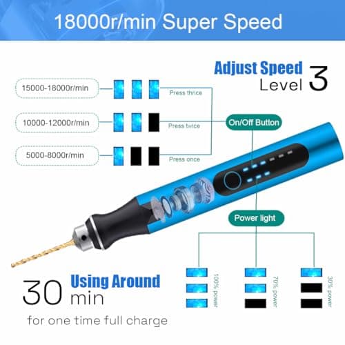 3-Speed Cordless Mini Drill Pen With 8 Small Drill Bits,Rechargeable Electric Hand Drill Pin Vise,Resin Drill Set For Jewelry Making,Resin,Plastic,Wood,Keychains DIY (BLUE)