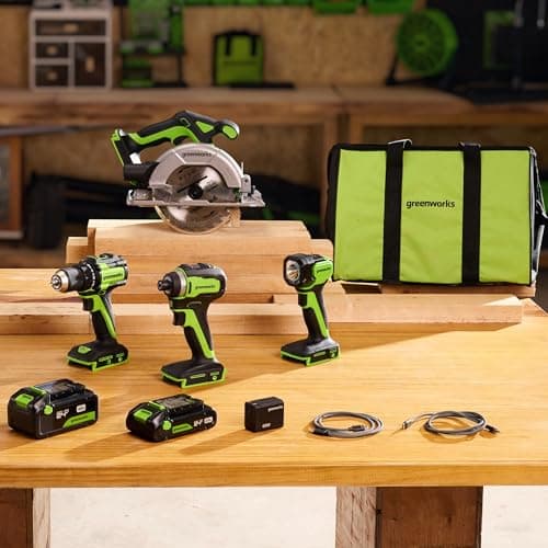 Greenworks 24V Cordless Brushless 4PCs Combo, 400 in-lbs Drill/Driver+1950 in-lbs Impact Driver +6.5" Circular Saw +200LM Flashlight, 2.0Ah+4.0Ah Batteries (24,000mAh Power Bank) 65W USB-C Charger