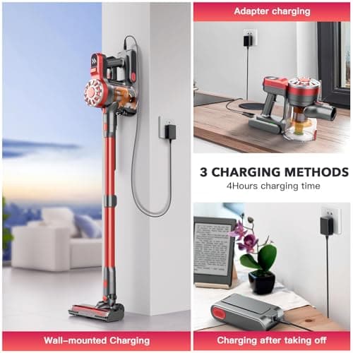 Cordless Vacuum Cleaners for Home with Powerful Suction,Stick Vacuum Cordless Rechargeable,Up to 35 Mins Runtime,Lightweight Hardwood Floor Vacuum for Pet Hair,Carpet(Red)