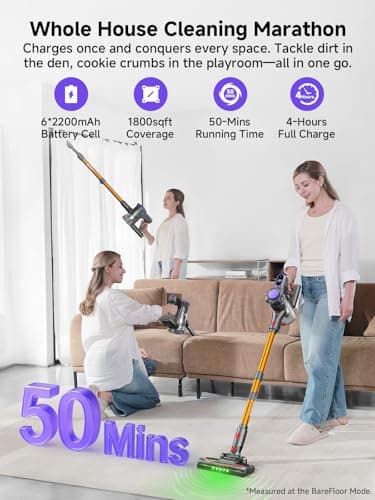 MONSGA Cordless Vacuum Cleaner, 45KPa 400W Stick Vacuum for Home, 50Mins Anti-Tangled Vacuum Cleaner with Charging Dock, Light-Weighted Handheld Vacuum for Pet Hair/Carpet/Floor, LED Display, MV3