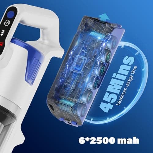 Cordless Vacuum Cleaner, Brushless Motor Powerful Suction Stick Vacuum, LED Display, with 2500 mAh Detachable Battery, 45 Mins Runtime Vacuum Cleaners for Home/Pet Hair/Hardwood/Carpets, Blue