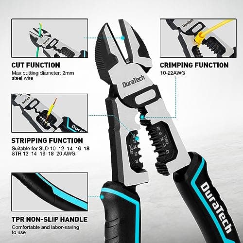 DURATECH 4-in-1 Diagonal Cutting Pliers, 8" Multifunction Heavy Duty Side-Cutting Pliers with Wire Stripper, Wire Cutters with Ergonomic Handle for Electricians and Homes