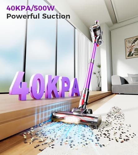 Cordless Vacuum Cleaner, 500W 40Kpa 60Mins Vacuum Cleaners for Home, Anti-Tangle Stick Vacuum with Self-Standing, Wall Mount Charging,LDE Display, Wireless Vacuum for Carpet Pet Hair Hardfloor