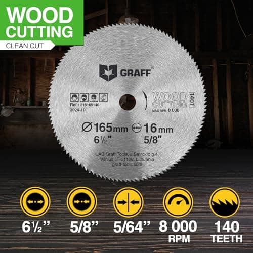 6-1/2 Inch Carbon Steel Circular Saw Blade for Wood, Plywood, Laminate, Drywall, Plastic – 140T Wood Cutting Disc with 5/8 Inch Arbor from GRAFF