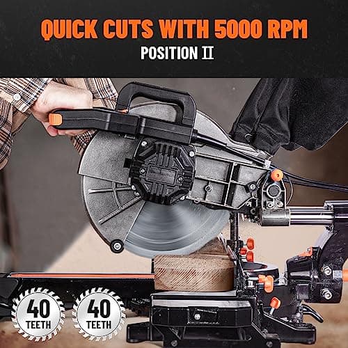 Updated 10-Inch Sliding Miter Saw, Multi-Material Cutting w/ 3 x TCT Blades, Ambidextrous Operation, 5000/3200RPM Speed, Laser Guide, 0-45° Bevel Cut, Max Cut 3.5x13.4in, 9 Positive Stops