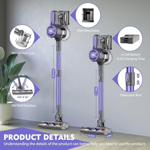 Cordless Vacuum Cleaners for Home with Powerful Suction,Stick Vacuum Cordless Rechargeable,Up to 35 Mins Runtime,Lightweight Hardwood Floor Vacuum for Pet Hair,Carpet(Dark Purple)
