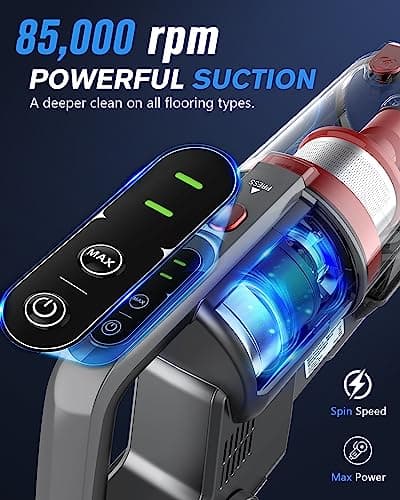 Cordless Rechargeable Vacuum Cleaners, Powerful Vacuum Up to 35 Mins Runtime with 85,000PRM Motor, 2 Adjustable Suction for Home (Gray Red)