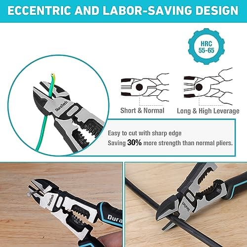 DURATECH 4-in-1 Diagonal Cutting Pliers, 8" Multifunction Heavy Duty Side-Cutting Pliers with Wire Stripper, Wire Cutters with Ergonomic Handle for Electricians and Homes