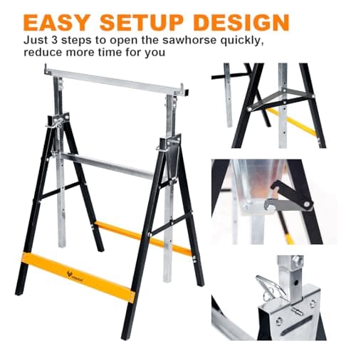 Metal Saw Horses 2 pack Folding Heavy Duty 880 lbs Load Capacity Saw Horse Adjustable 7 Level Height for Woodworking