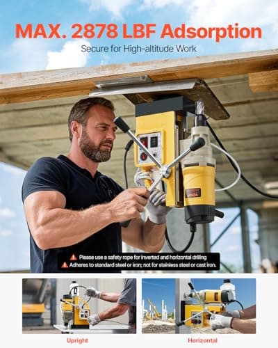VEVOR Magnetic Drill, 1450W Motor 2 in Boring Diameter, 2878 lbf Electric Mag Drill Press, with 6 Coring Bits, Variable Speed, Drilling Machine for Metal Surface, Home Improvement Industry, Yellow