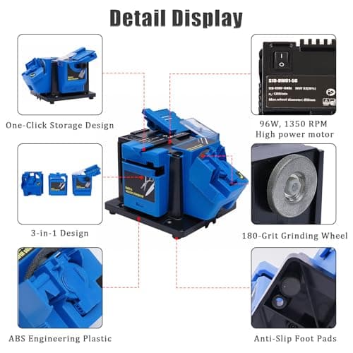 Electric Drill Bit Sharpener, 3-in-1 Multifunction Electric Sharpening Machine for Knife, drill, Chisel, Scissor, 110V, Grinder with Adjustable Angles, 96W, 1350rpm, Compact Design