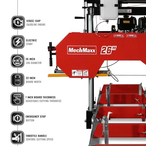 26" inch Portable Sawmill,420cc 15HP E-Start Gasoline Engine, 22" Board Width,13' Track Length, Model SM-26