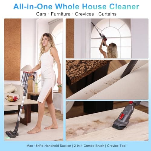 Cordless Vacuum Cleaner, 8-in-1 Powerful Stick Vacuum Cleaners For Home With 35kPa, 35Mins Runtime, 1L Dustbin, Anti-Tangle Rechargeable Self-Standing Vac For Floor Carpet Pet Hair Hardwood Tile car