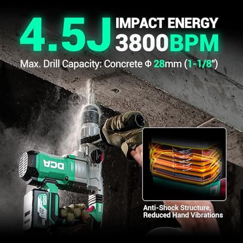 DCA 20V MAX Brushless Rotary Hammer Drill, 4.5 Joule, 3800BPM, 1-1/8 Inch SDS-Plus, Cordless Heavy Duty Rotary Hammer Drill with Vibration Control, 5.0Ah Battery, 4A Fast Charger and Safety Clutch