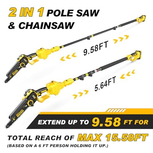 2-in-1 Electric Pole Saws for Tree Trimming,8" Mini Chainsaw Cordless with Extension Pole, 1000W Brushless Motor,Auto Oiling,15.58 FT Max Reach Extension Pole for Outdoors Pruning with 2×Batteries