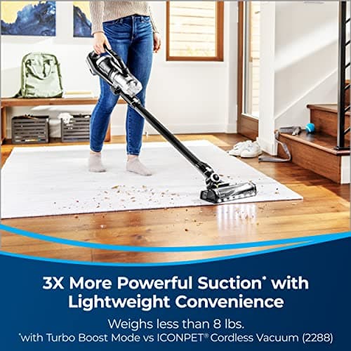 Bissell ICONPet Turbo Vacuum with Powerful Turbo Boost Suction, Tangle Free Brush Roll, & Parking Break, LED Crevice + Dusting Brush Tool, LED Motorized TurboBrush Tool, & Wall Mount. Color May Vary