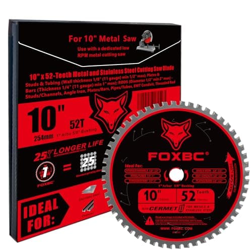 FOXBC 10 Inch Metal Steel Cutting Saw Blade 52 Teeth, 1" Arbor with 5/8" Bushing, Cermet Carbide Up to 5X Longer Life
