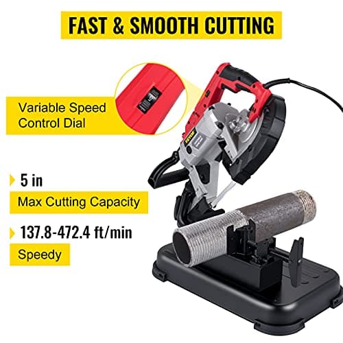 VEVOR Portable Band Saw, 110V Removable Alloy Steel Base Corded Band Saw, 5 Inch Cutting Capacity Hand held Band Saw,Variable Speed Portable Bandsaw, 10Amp Motor Deep Cut Band saw for Metal Wood