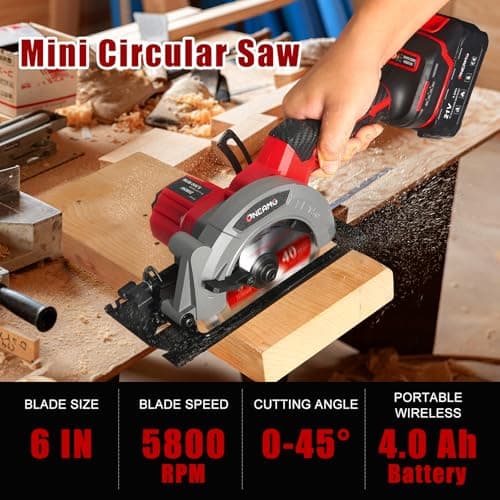 6" Cordless Mini Circular Saw, 21V Compact Wireless Circular Saw, 4.0Ah Battery, 5800RPM, Max Cut 2-1/6" (90°), 1-1/4" (45°),w/40T & 60T Blades,Fast Charger (1Hr),Applicable to Wood,Aluminum & Plastic