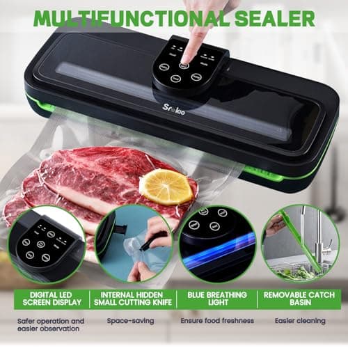 85kpa Food Vacuum Sealer Machine,Vacuum Sealer For Food with Cutter, Full Automatic Bag Sealer,Dry Moist Fresh Modes,10 Pre-cut Bags and Accessory Hose,Black