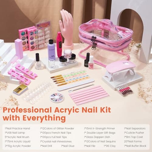 Acrylic Nail Kit with Everything: Beginners Practice Hand Acrylic Nail Powder Liquid Set with U V Lamp Drill in Gift Bag for Home Salon(Pink Bag)