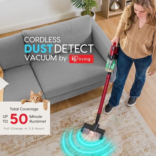 Cordless Vacuum Cleaner, 11-inch Powerhead, Self-Standing Design, Fast Charging, 50-Minute Runtime, LED Dust Sensor, Red