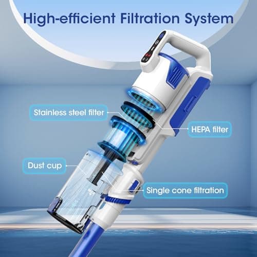 Cordless Vacuum Cleaner, Brushless Motor Powerful Suction Stick Vacuum, LED Display, with 2500 mAh Detachable Battery, 45 Mins Runtime Vacuum Cleaners for Home/Pet Hair/Hardwood/Carpets, Blue