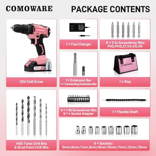 COMOWARE Cordless Drill Set, 20V Pink Power Drill Set for Women, 1 Battery & Charger, 3/8" Keyless Chuck, 2 Variable Speed, 266 In-lb Torque, 25+1 Position, with Pink Storage Bag
