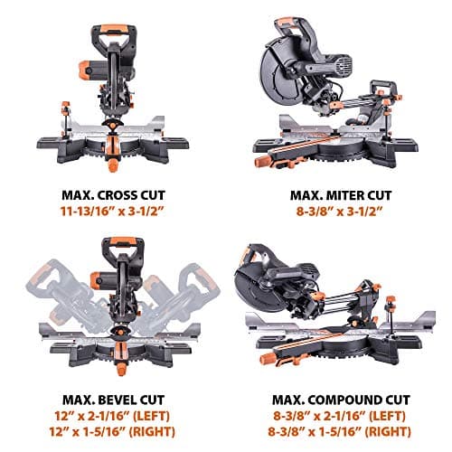 Evolution Power Tools R255SMS-DB+ 10-Inch Dual Bevel Sliding Miter Saw Multi-Material, Multipurpose Cutting Cuts Metal, Plastic, Wood 45˚-45˚ Double Bevel & 50˚-50˚ Miter TCT Blade Included