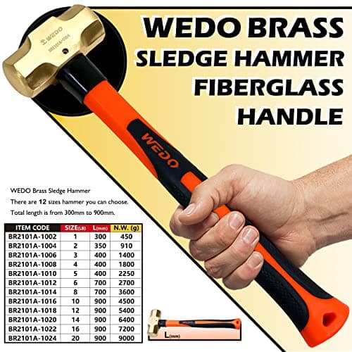 WEDO Brass Sledge Hammer With Fiberglass Handle, Non-Magnetic, Die-Forge, Corrosion Resistant, DIN Standard, 1lb, 300mm, 12"